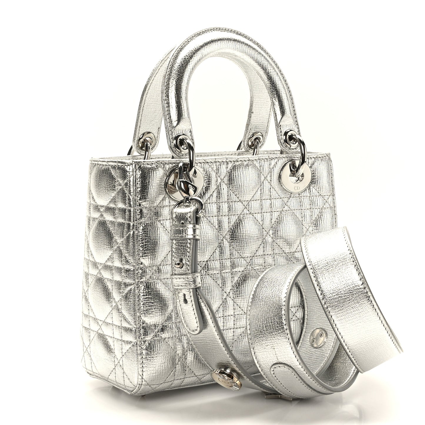 Metallic Grained Calfskin Cannage Small Lucky Badges My Lady Dior Silver