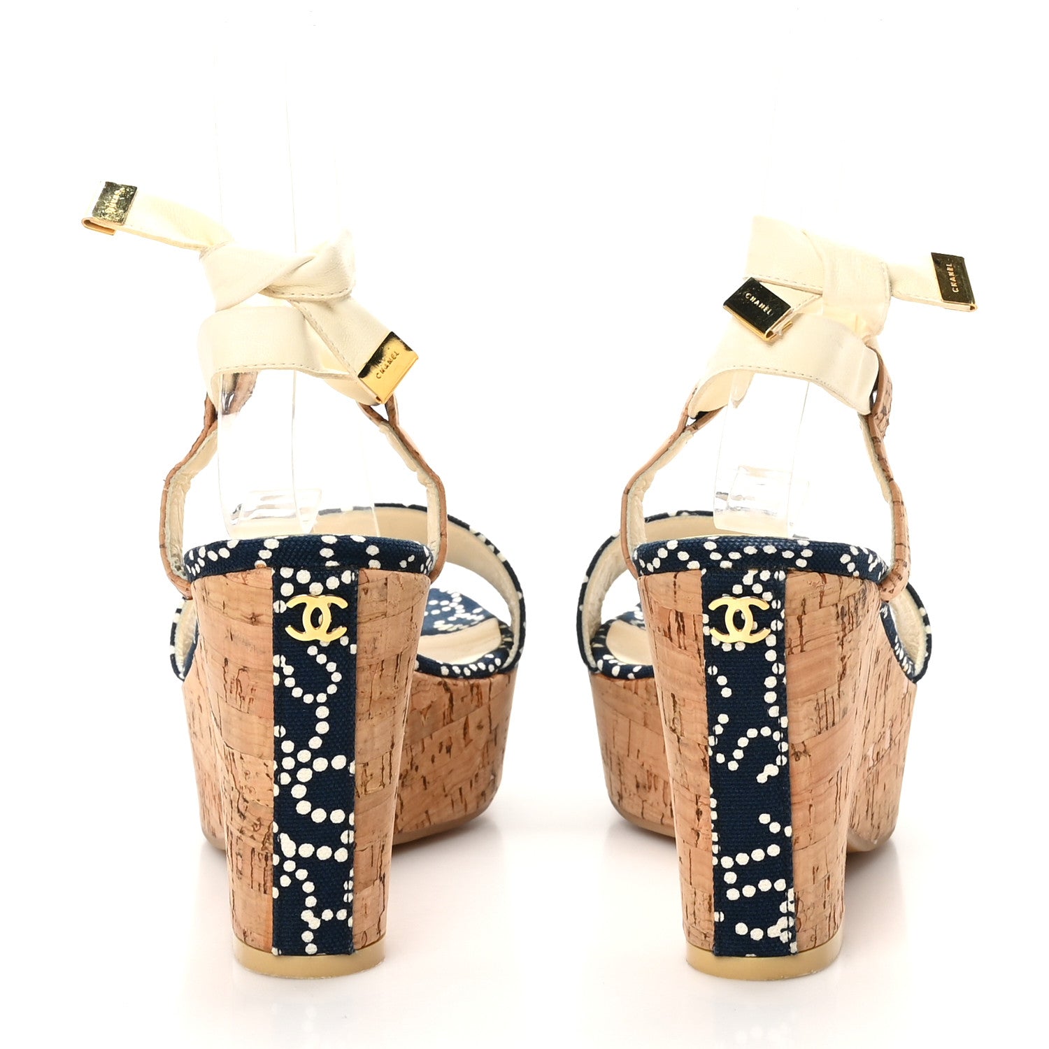 Chanel Canvas Lambskin Cork CC Wedge Sandals Navy Blue 6 of 9