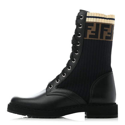 Fendi Calfskin Stretch Fabric Rockoko Biker Boots 38 Tobacco Black Marino 1 of 7