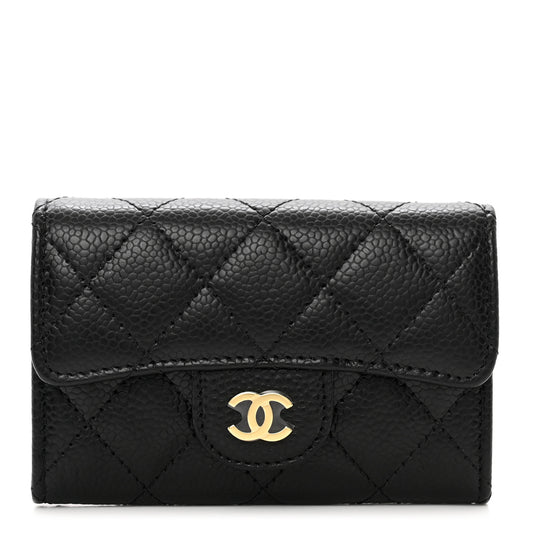 Caviar Quilted Flap Card Holder Wallet Black