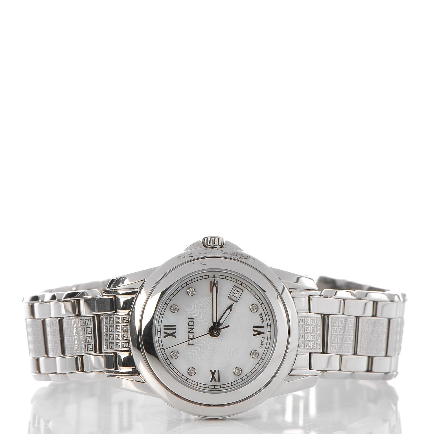 Fendi Stainless Steel Diamond Mother of Pearl 30mm Quartz Watch