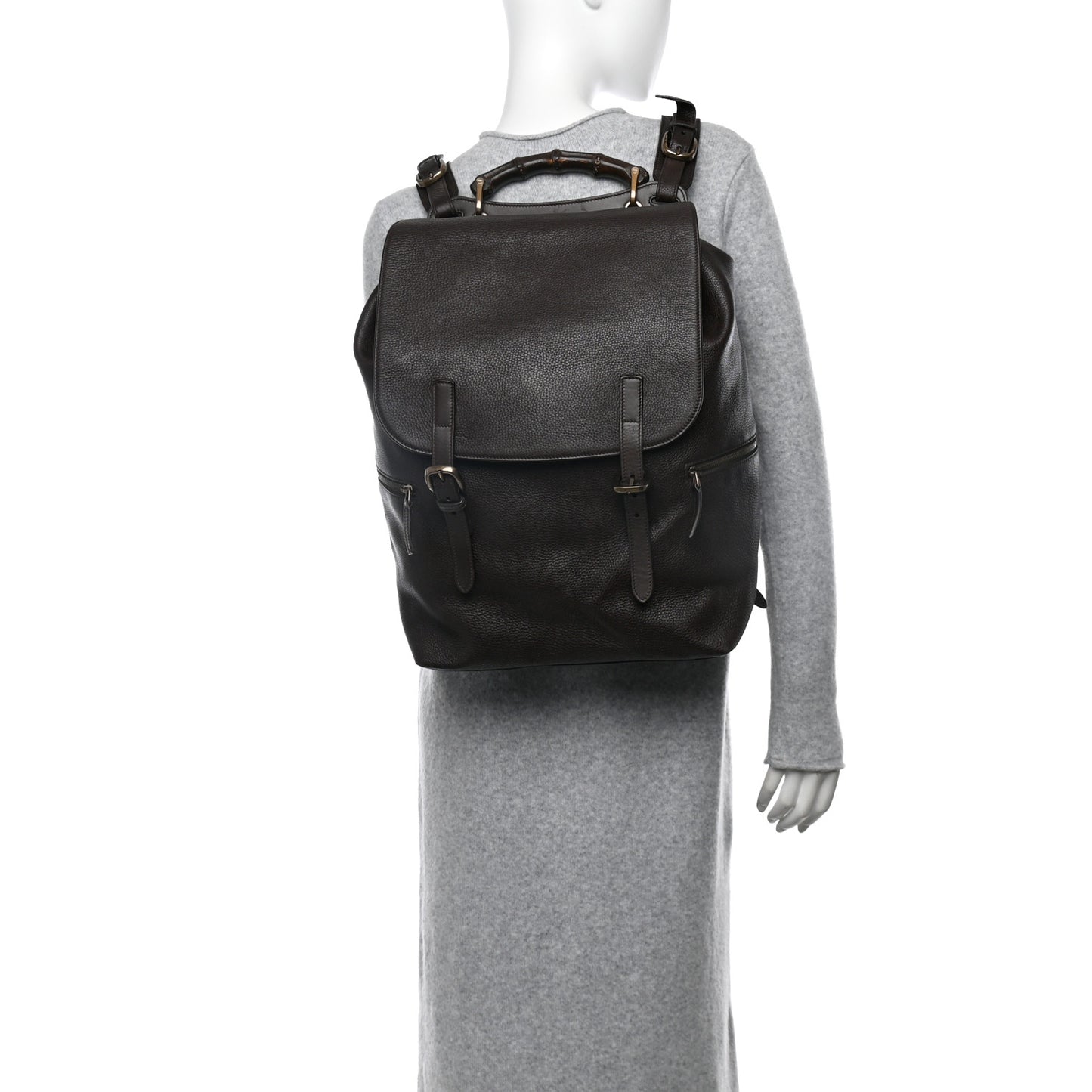 Calfskin Bamboo Drawstring Backpack Dark Brown