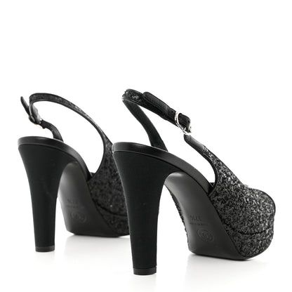 Chanel Glitter Grosgrain Cap Toe CC Slingback Pumps 37.5 Black 4 of 9