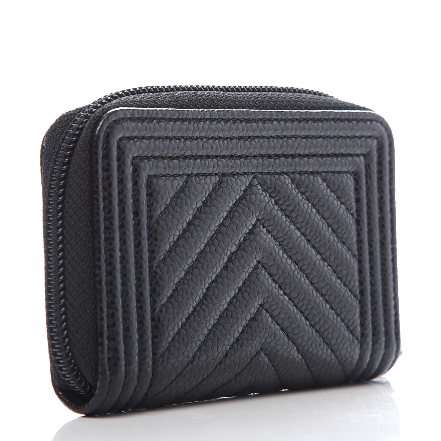 Caviar Chevron Quilted Boy Zip Around Coin Purse Wallet Black