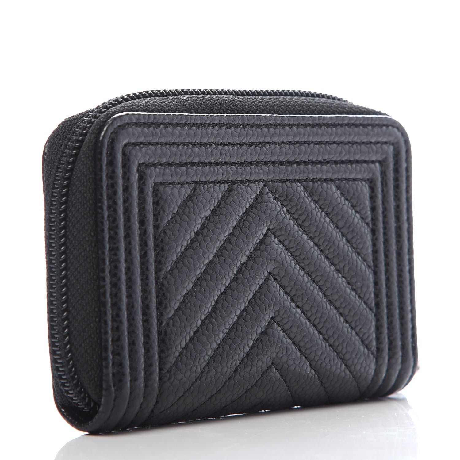 Chanel Caviar Chevron Quilted Boy Zip Around Coin Purse Wallet Black 3 of 8