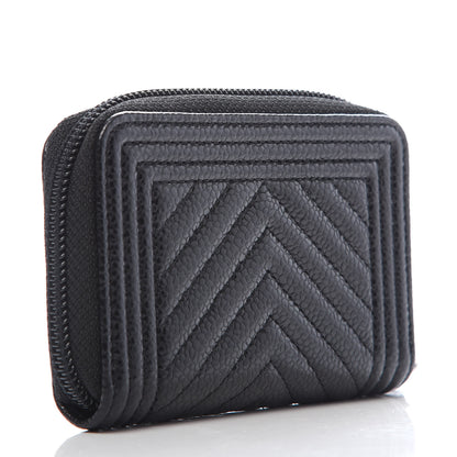 Chanel Caviar Chevron Quilted Boy Zip Around Coin Purse Wallet Black 3 of 8
