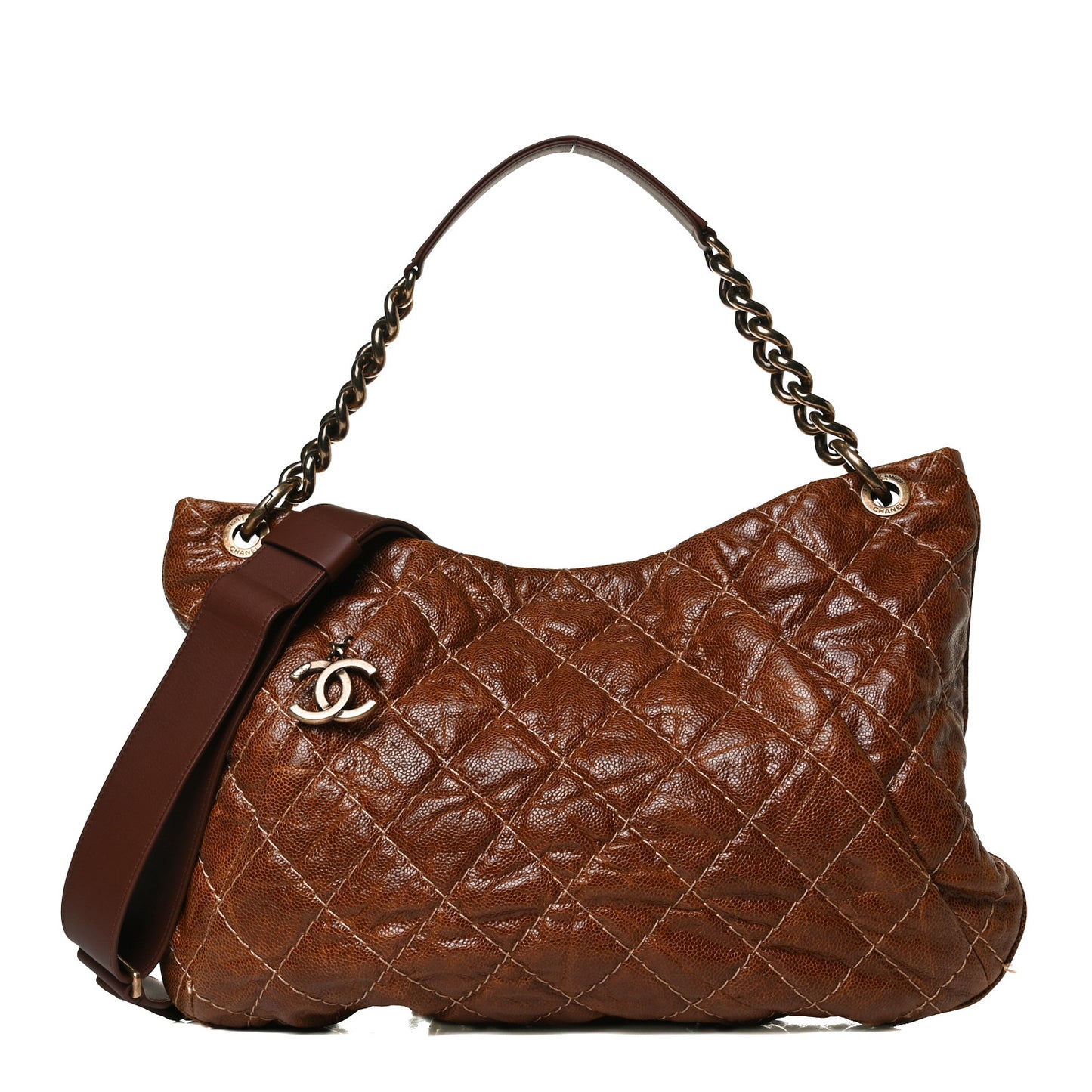 Crumpled Grained Calfskin Coco Pleats Hobo Brown