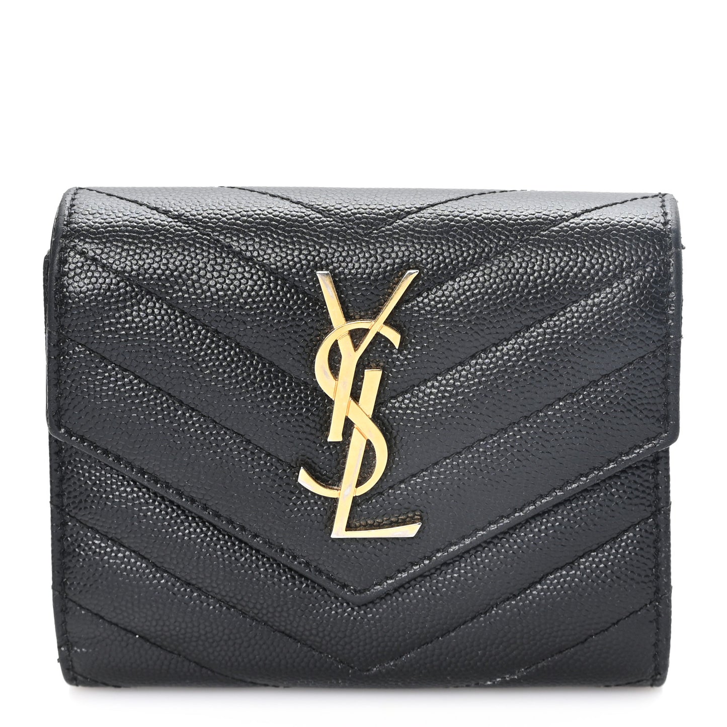 Grain De Poudre Matelasse Chevron Monogram Compact Tri Fold Wallet Black