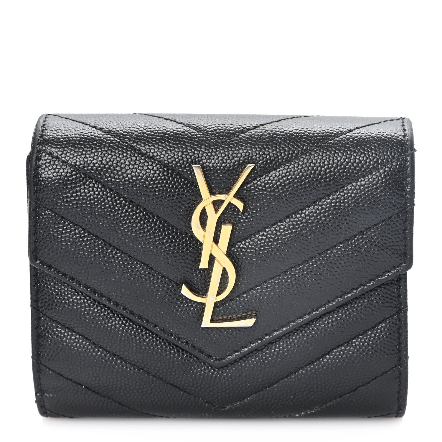Saint Laurent Grain De Poudre Matelasse Chevron Monogram Compact Tri Fold Wallet Black 1 of 9