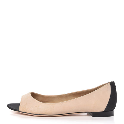Chanel Suede Grosgrain Peep Toe Ballerina Flats 39.5 Beige Black 1 of 8