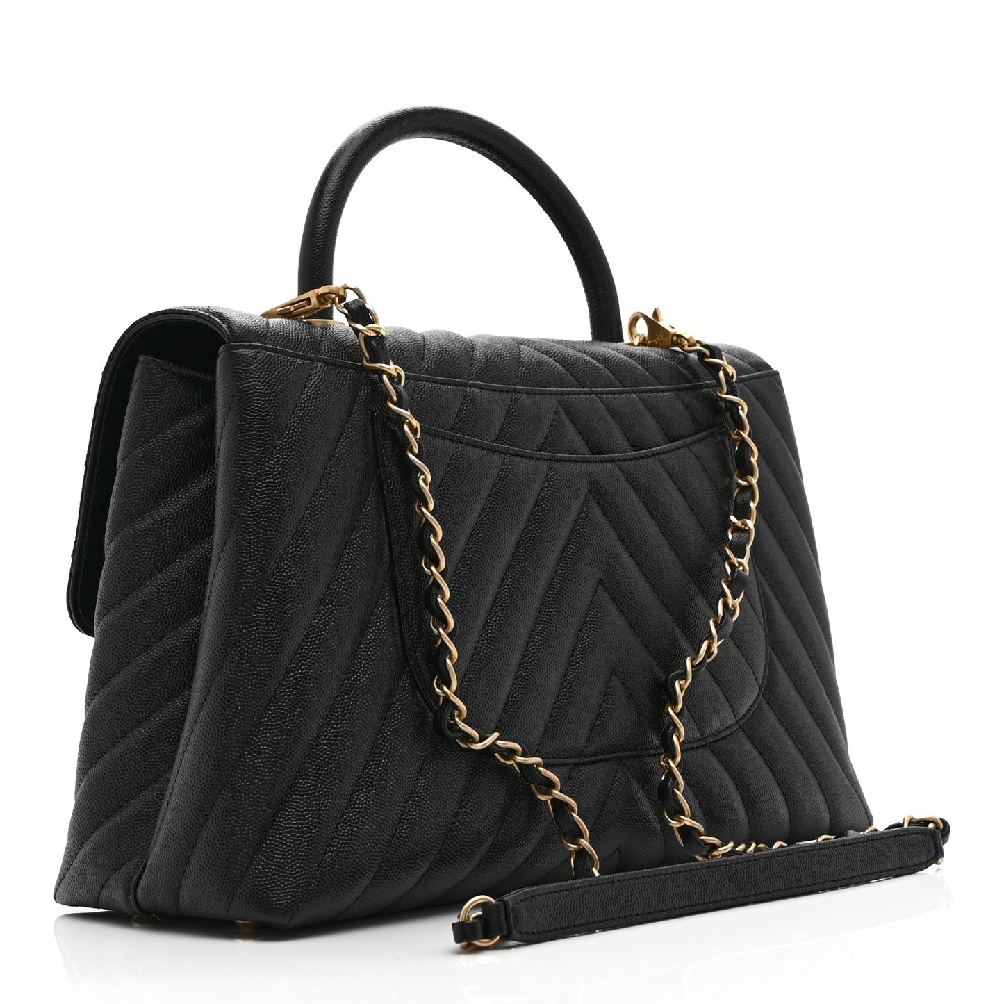 Caviar Chevron Quilted Medium Coco Handle Flap Black