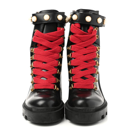 Gucci Magnum Calfskin Pearl Lace Up Combat Ankle Boots 38 Black 2 of 8