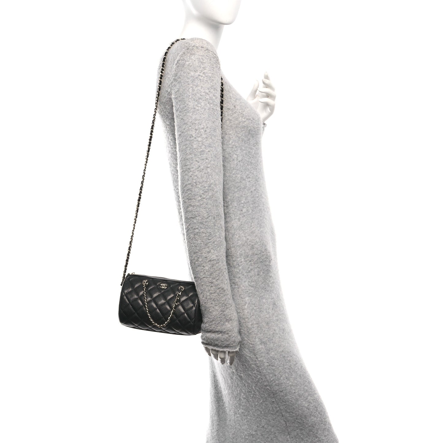 Caviar Quilted Barrel Clutch With Chain Black