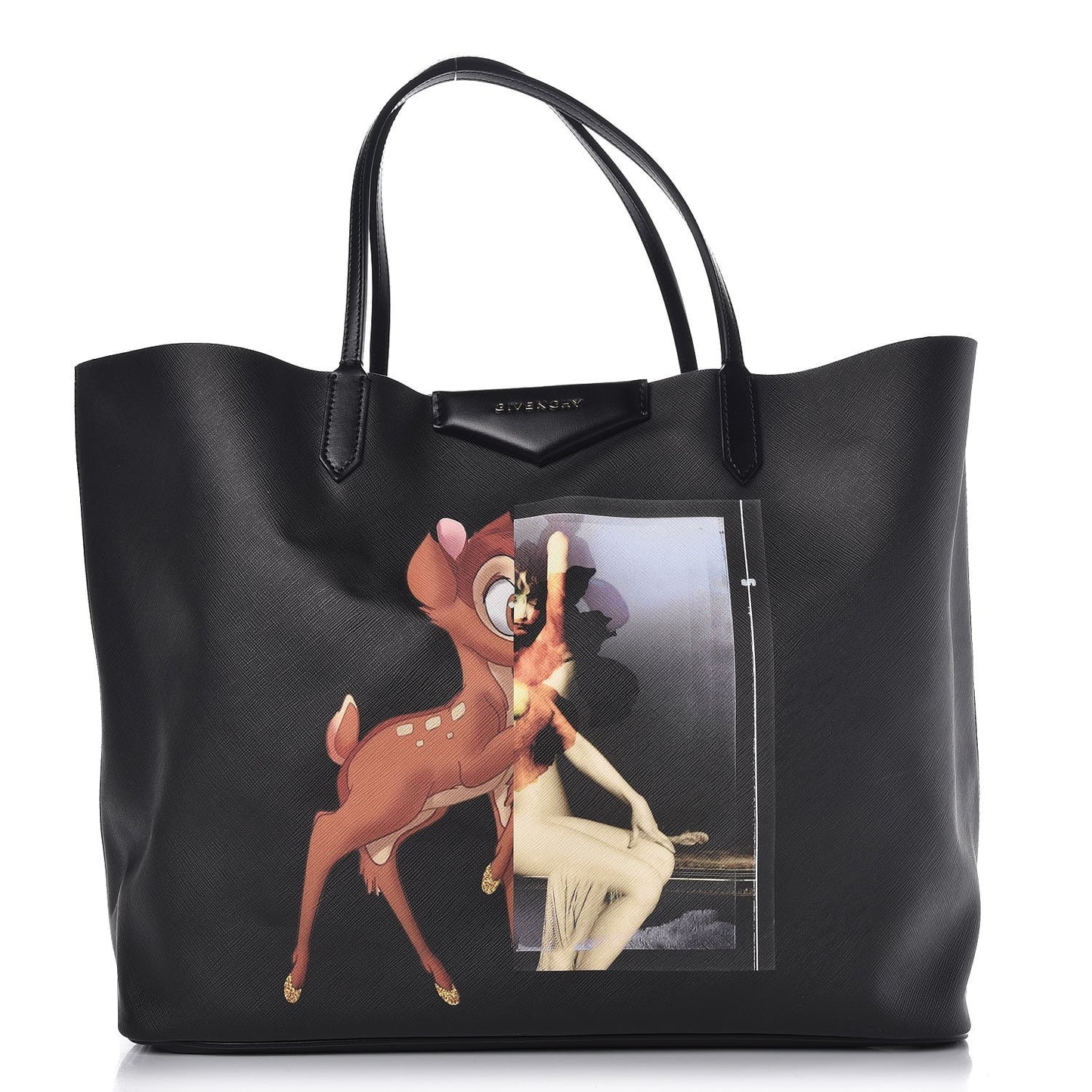 Textured Coated Canvas Bambi Print Large Antigona Tote Black