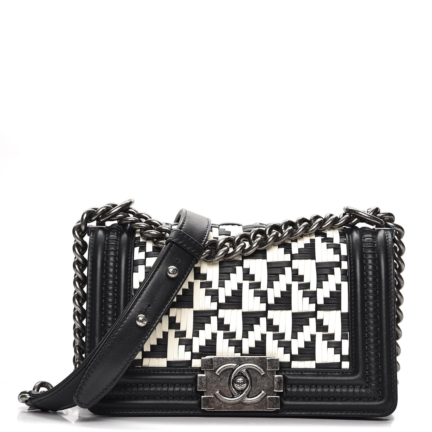 Calfskin Woven Small Boy Flap Black White