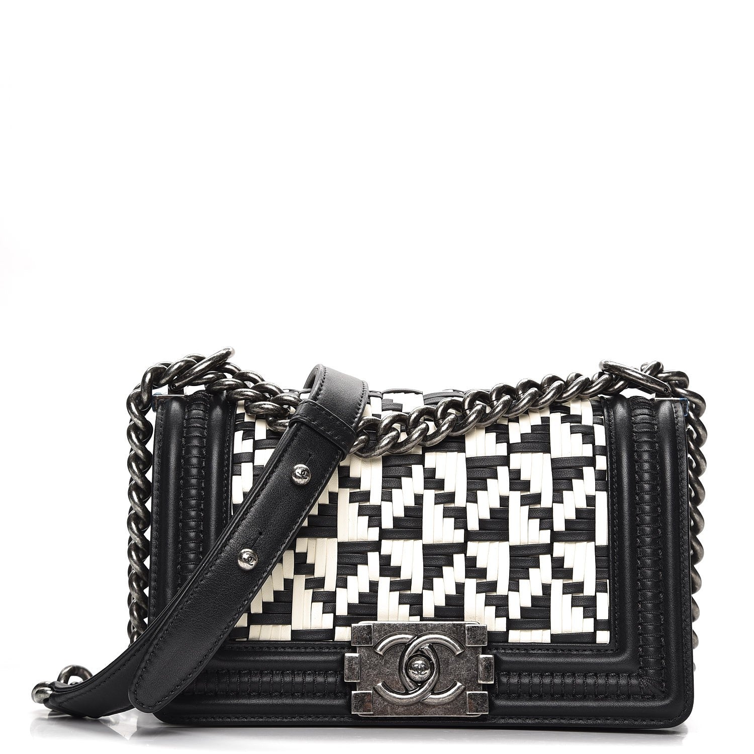 Chanel Calfskin Woven Small Boy Flap Black White 1 of 8
