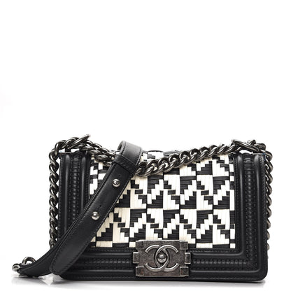 Chanel Calfskin Woven Small Boy Flap Black White 1 of 8