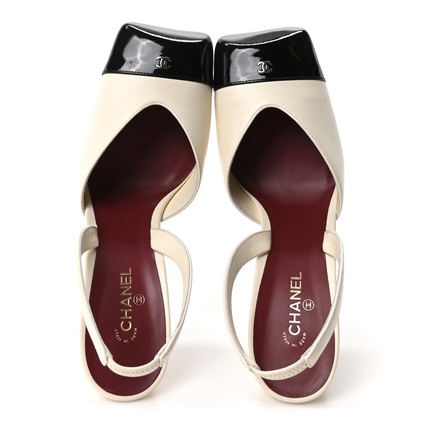 Lambskin Patent Calfskin Cap Toe CC Slingback Pumps 39.5 Ivory Black