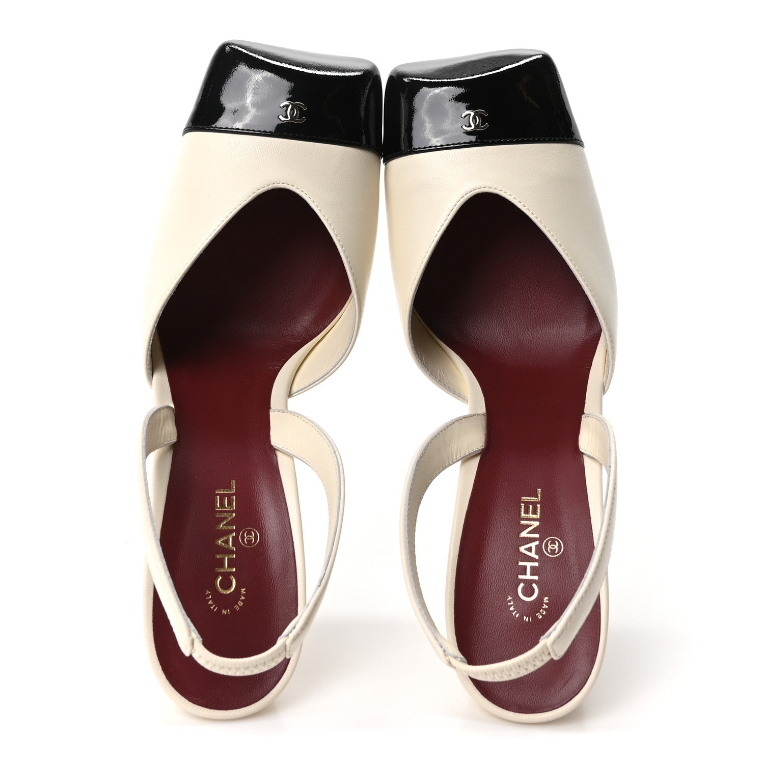 Chanel Lambskin Patent Calfskin Cap Toe CC Slingback Pumps 39.5 Ivory Black 2 of 10