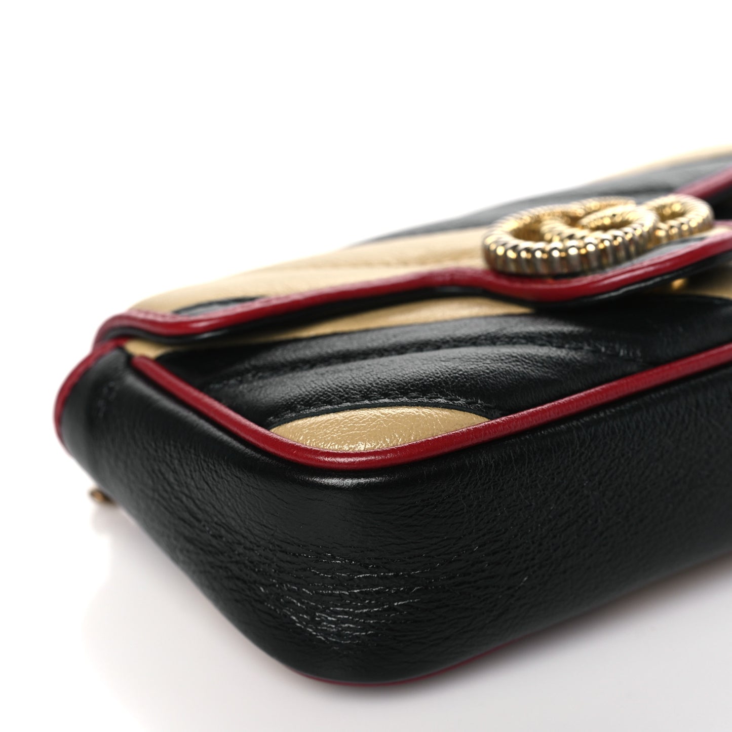 Vintage Effect Calfskin Matelasse Diagonal Striped Mini Torchon GG Marmont Shoulder Bag Black Beige