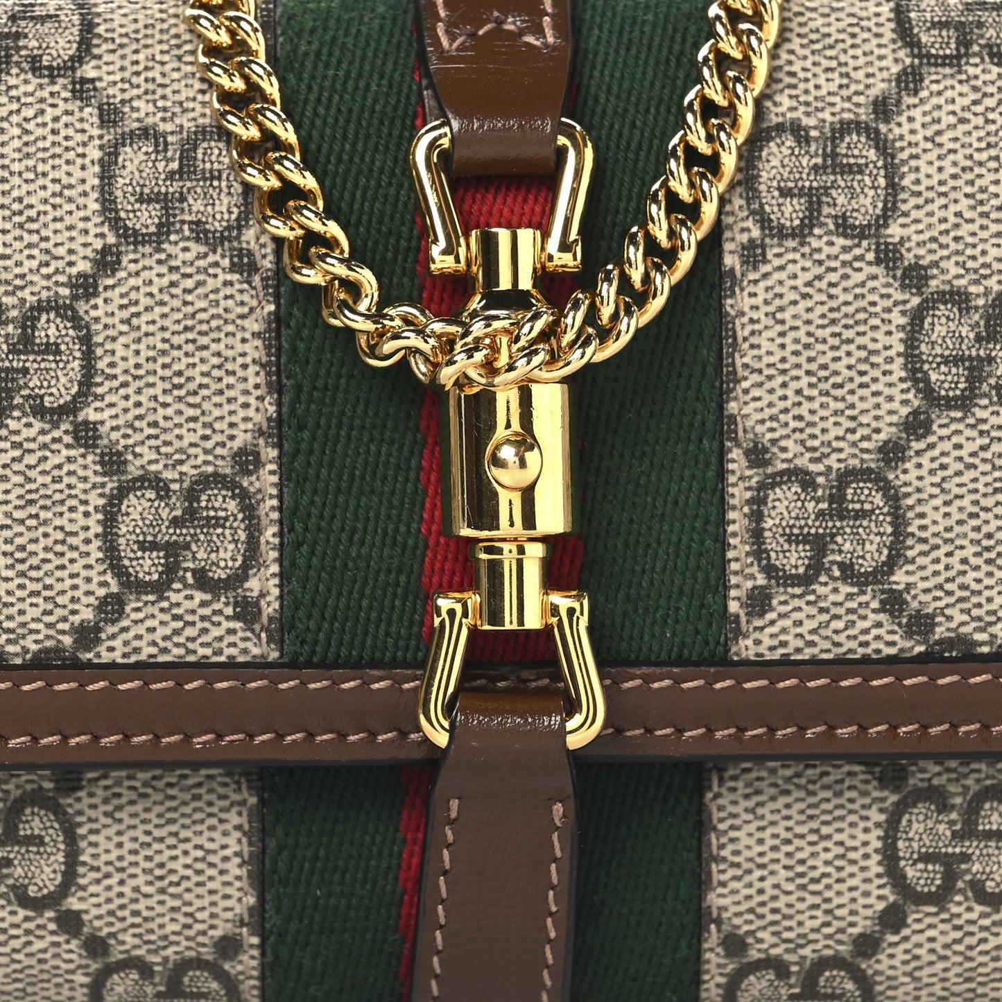GG Supreme Monogram Azalea Calfskin Web Jackie 1961 Chain Wallet Beige Ebony Brown Sugar