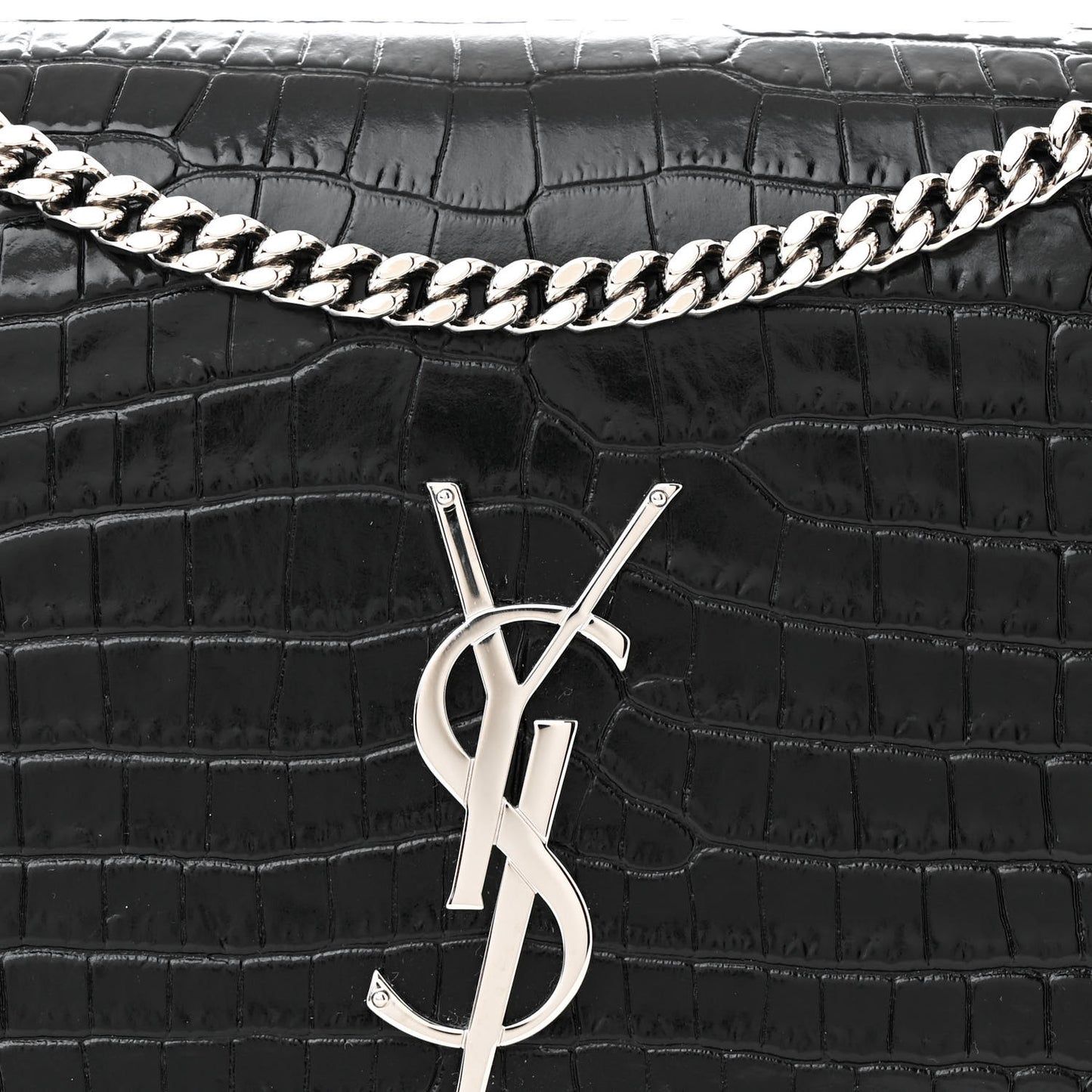 Calfskin Crocodile Embossed Medium Classic Monogram Kate Tassel Satchel Black