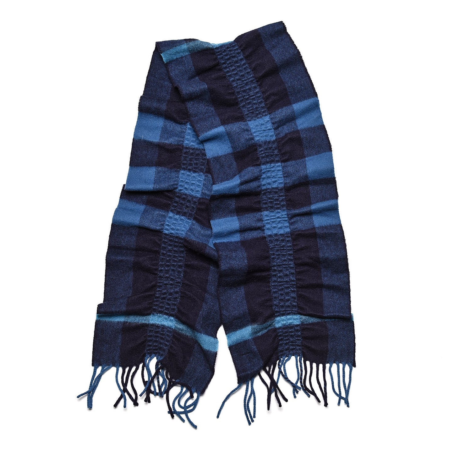 Cashmere Check Ruched Fringe Scarf Blue