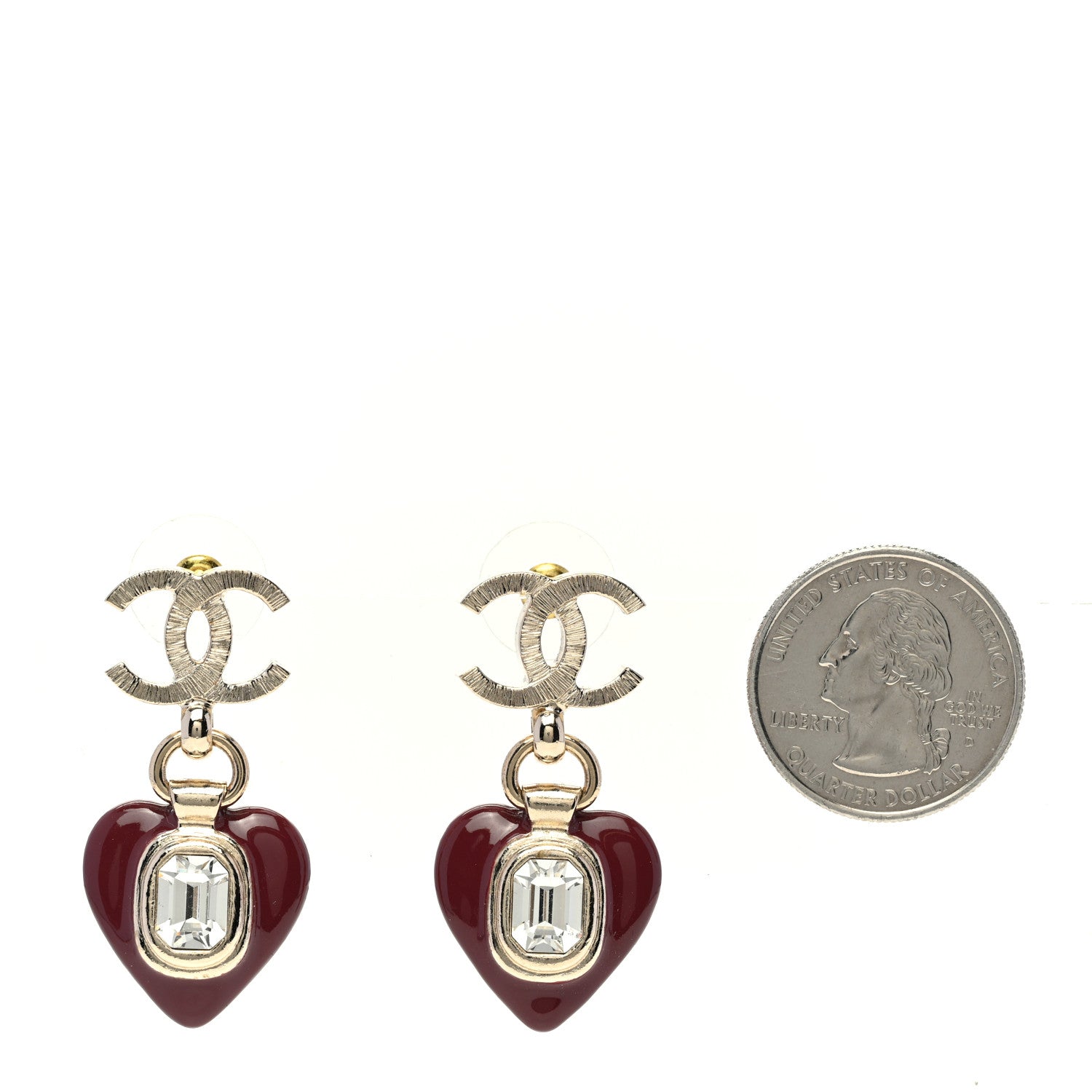 Chanel Resin Crystal CC Heart Drop Earrings Red Gold 2 of 5