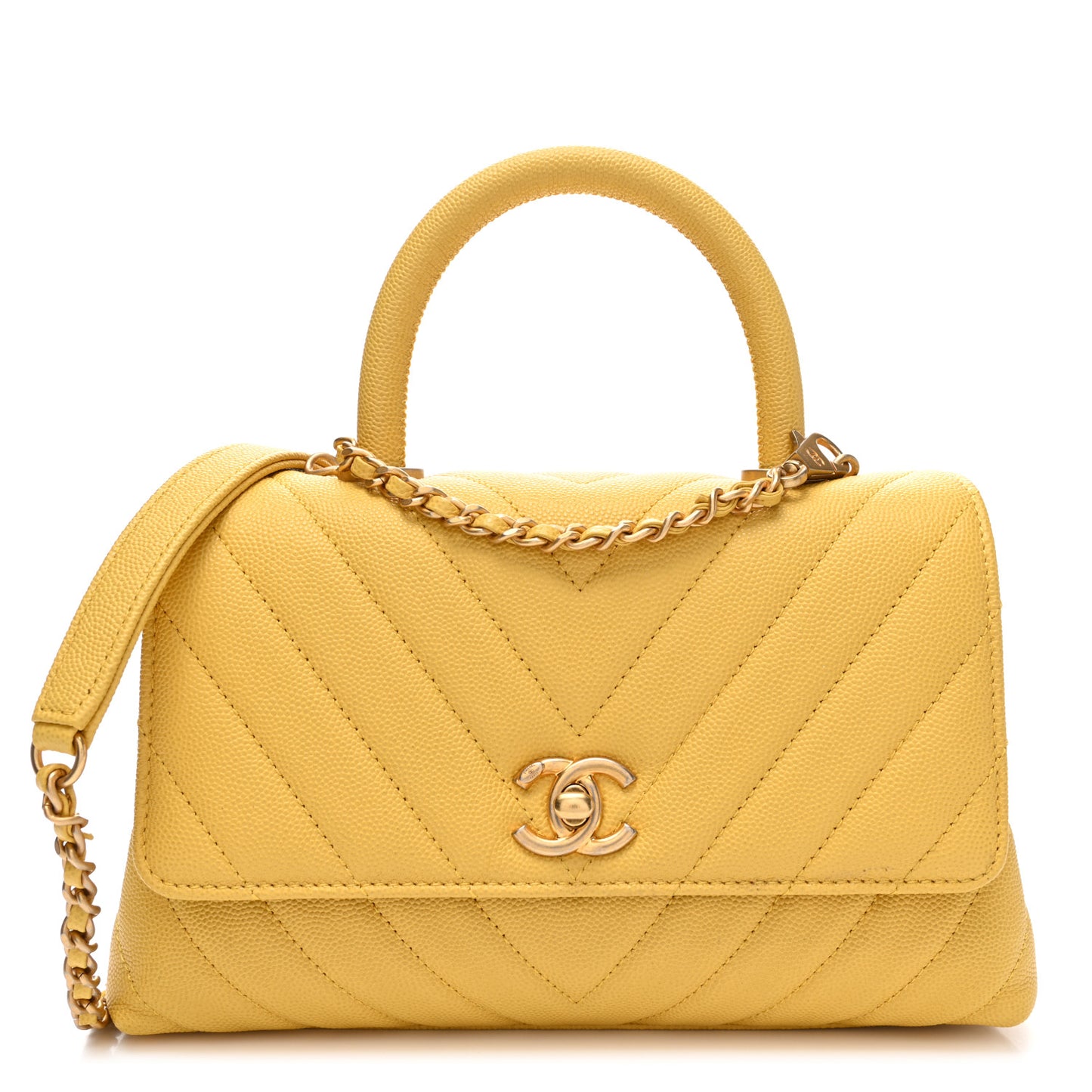 Caviar Chevron Quilted Mini Coco Handle Flap Yellow