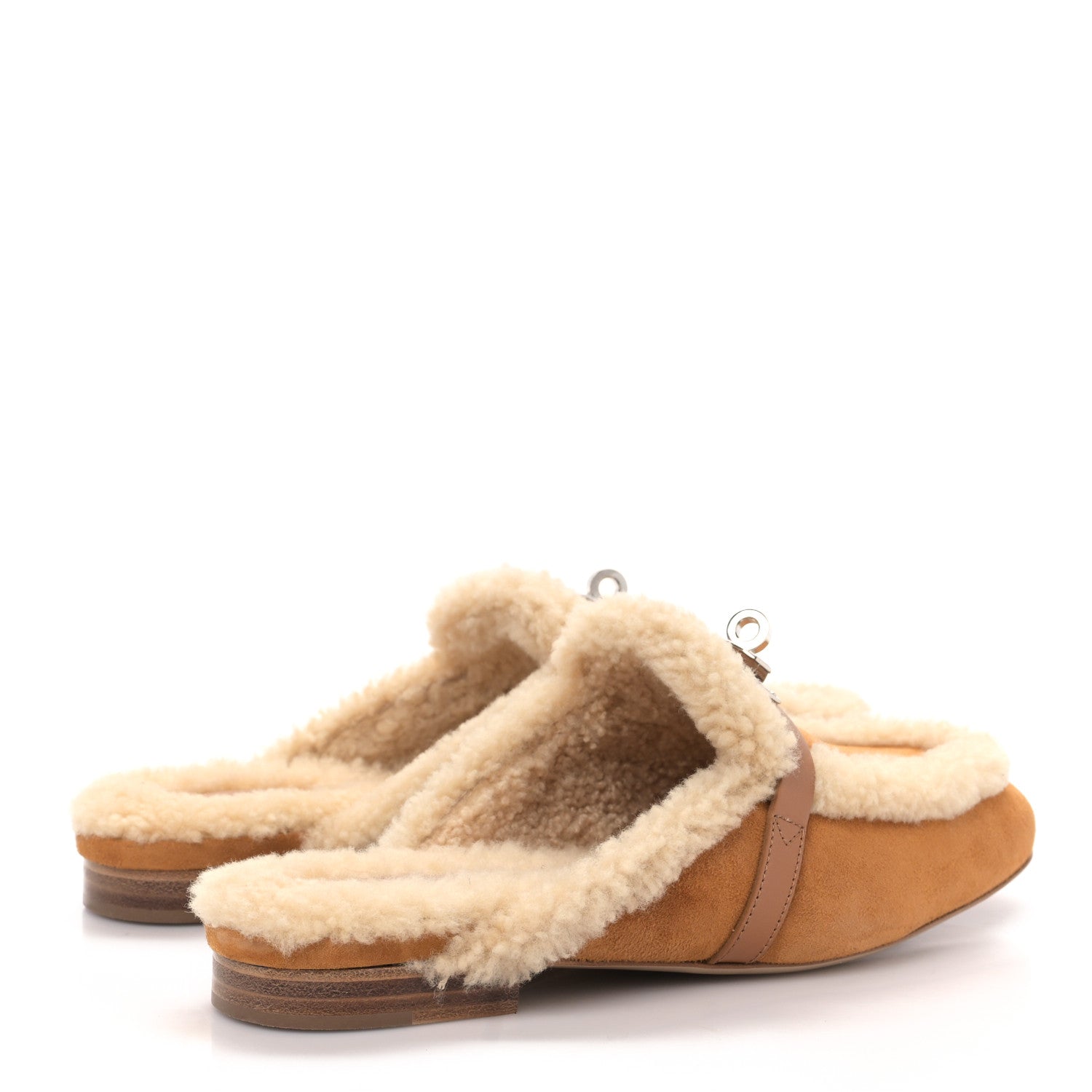 Hermes Suede Goatskin Woolskin Womens Oz Mules 38 Naturel 4 of 8