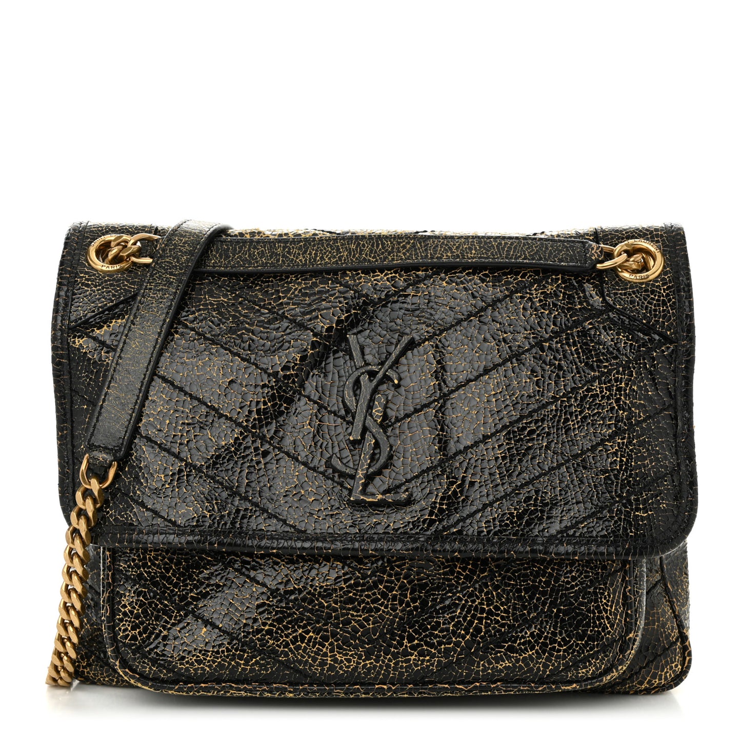 Crinkled Calfskin Matelasse Monogram Medium Niki Chain Satchel  Black Ocra