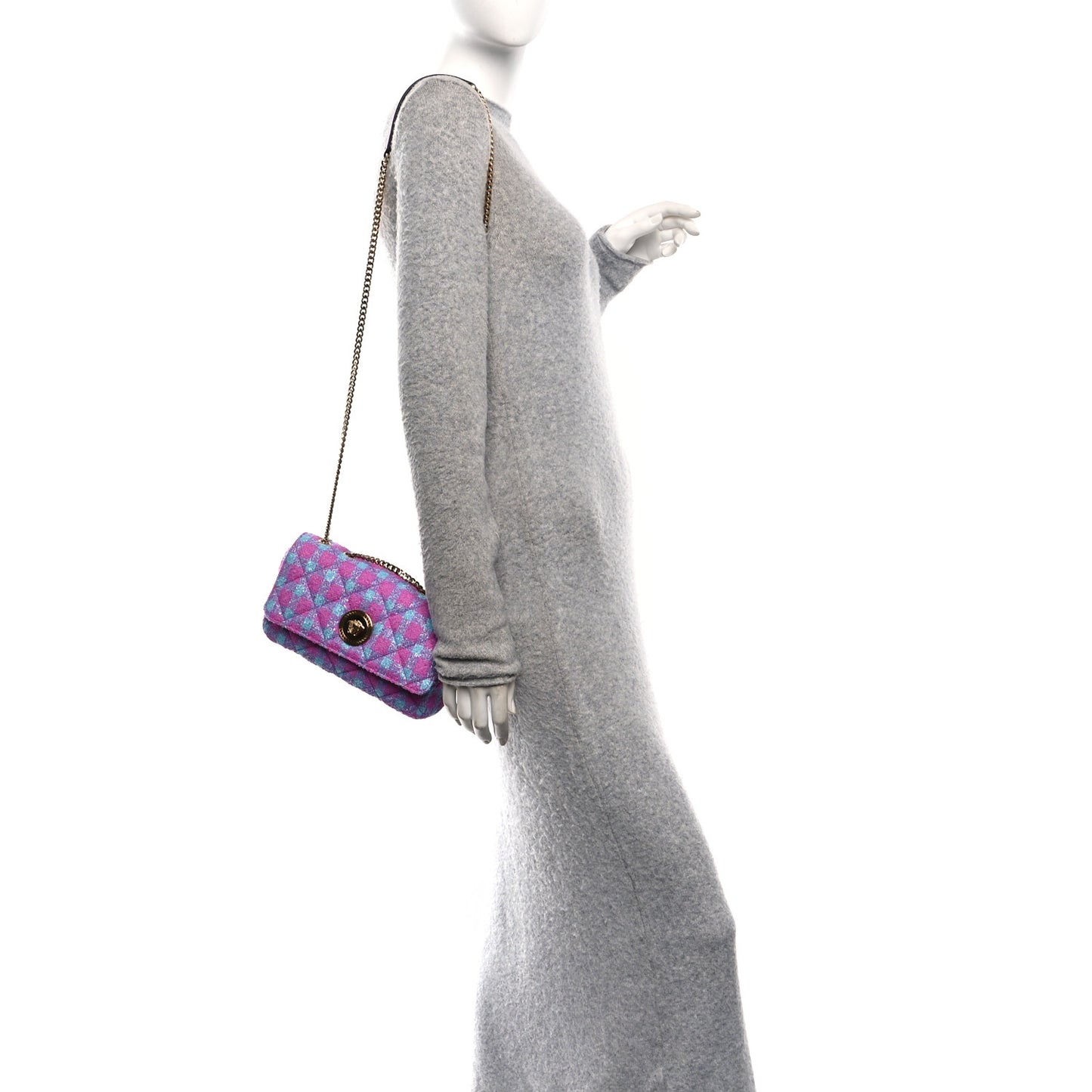 Tweed Quilted Medusa Medium Chain Crossbody Pink Blue