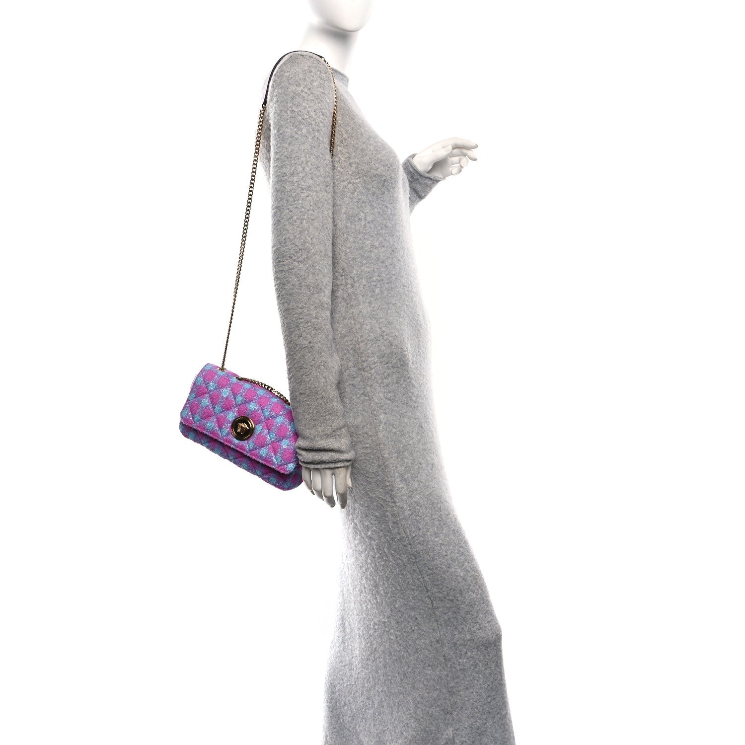 Versace Tweed Quilted Medusa Medium Chain Crossbody Pink Blue 2 of 9