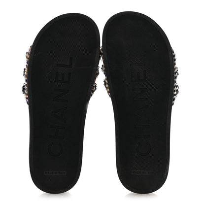 Chanel Satin Canvas Chain Slides Sandals Flats 37.5 Marine 6 of 12