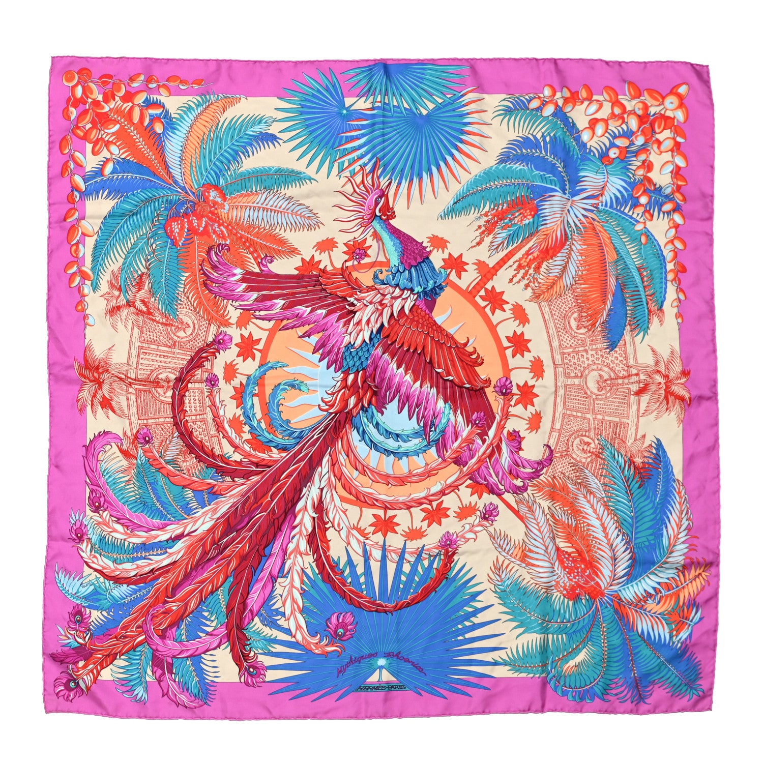 Hermes Silk Mythiques Phoenix Coloriage Scarf 90 Fuchsia Cobalt Orange 1 of 7