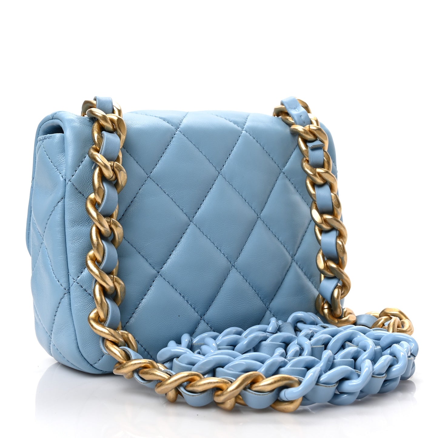 Lambskin Quilted Mini Lacquered Chain Flap Light Blue