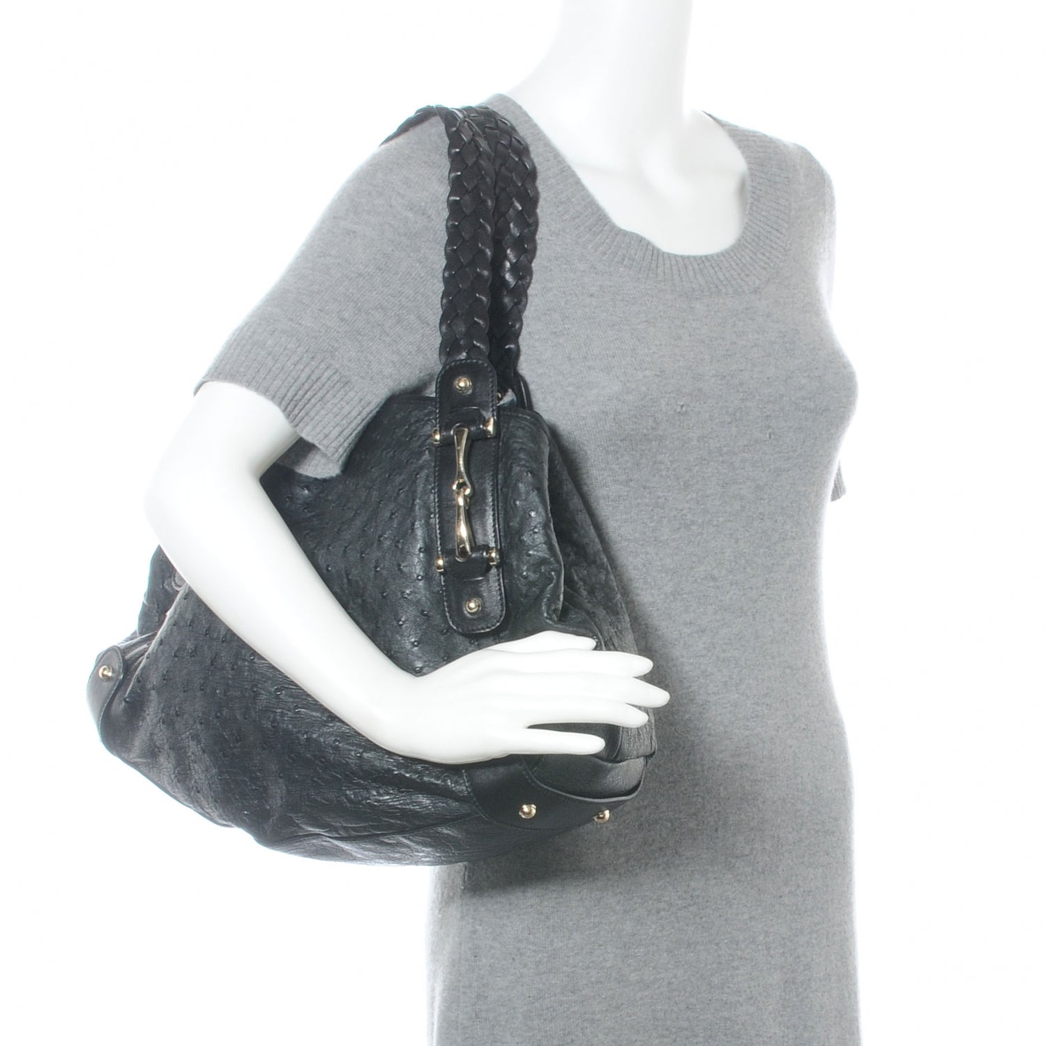 Gucci Ostrich Medium Pelham Tote Black 2 of 7