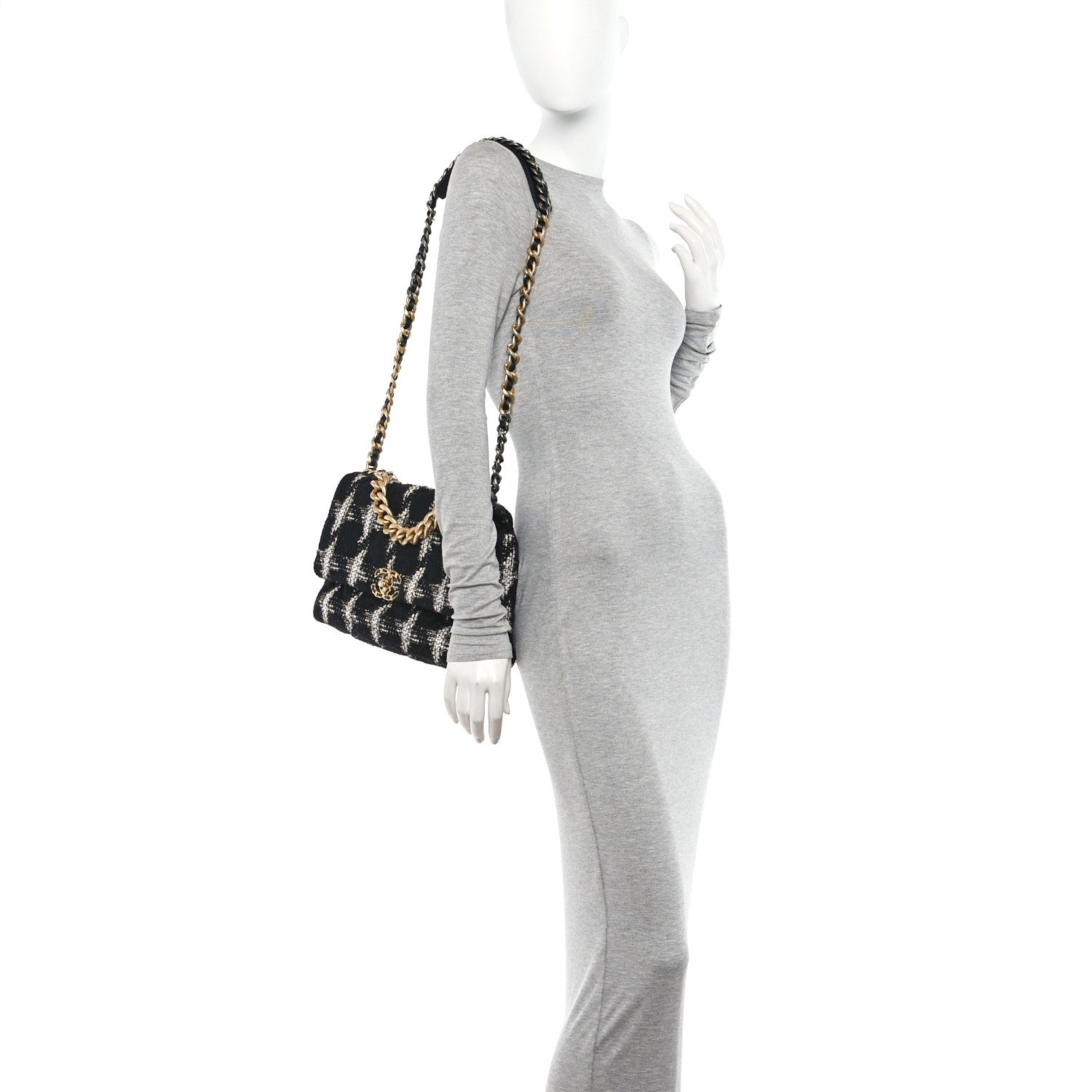 Chanel Tweed Quilted Large Chanel 19 Flap Black Ecru White 2 of 10