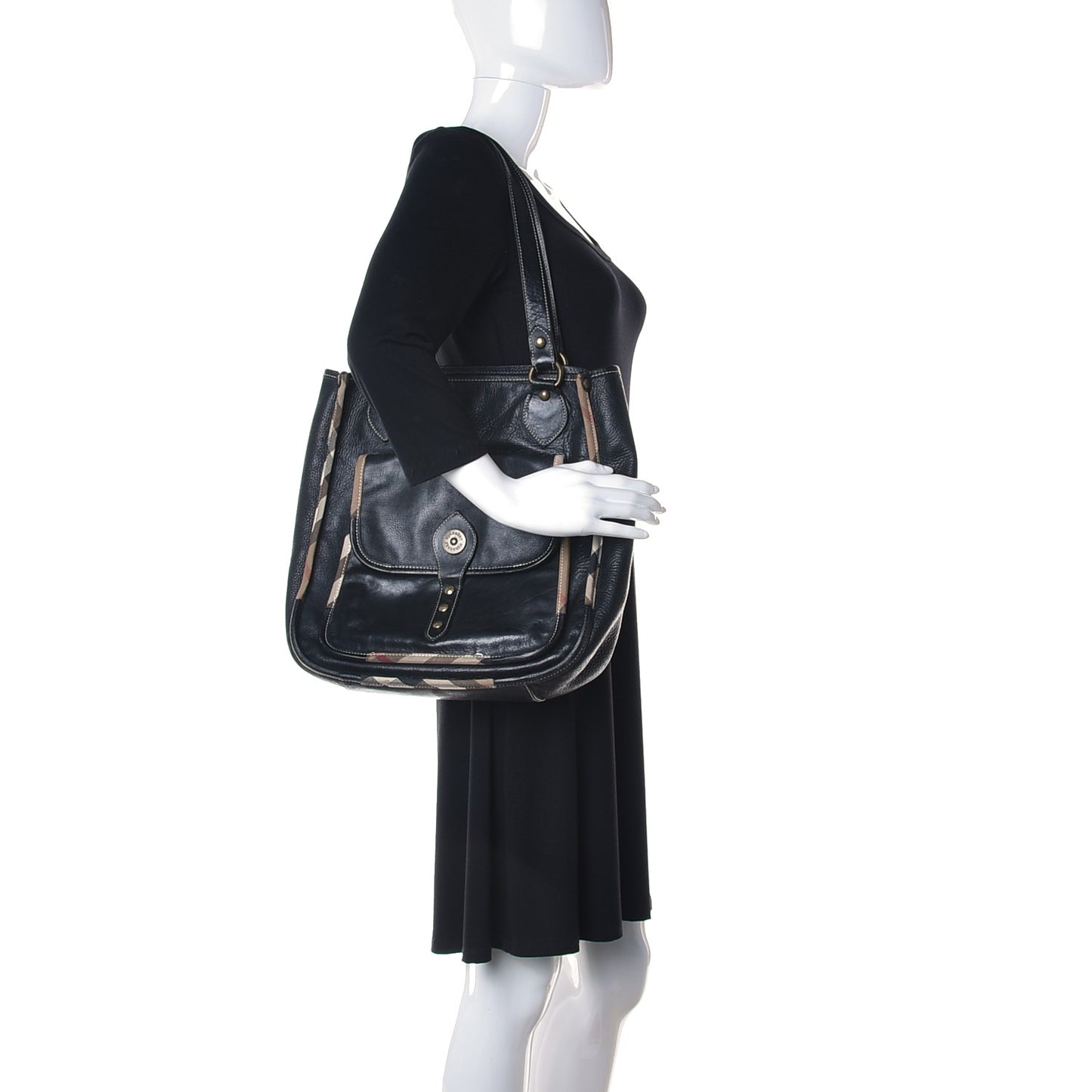 Calfskin Nova Check Trim Shoulder Bag Black
