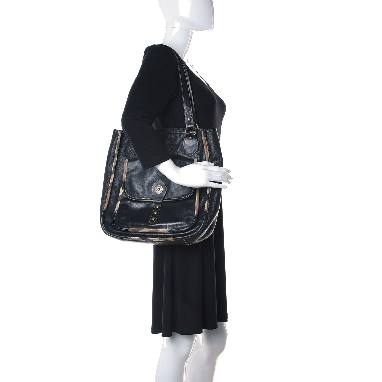 Burberry Calfskin Nova Check Trim Shoulder Bag Black 2 of 14