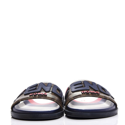 Fendi X FILA Glazed Fabric Calfskin FF 1974 Mania Mens Slide Sandals 7 Mogano Panna Blueberry Caipiroska 2 of 14