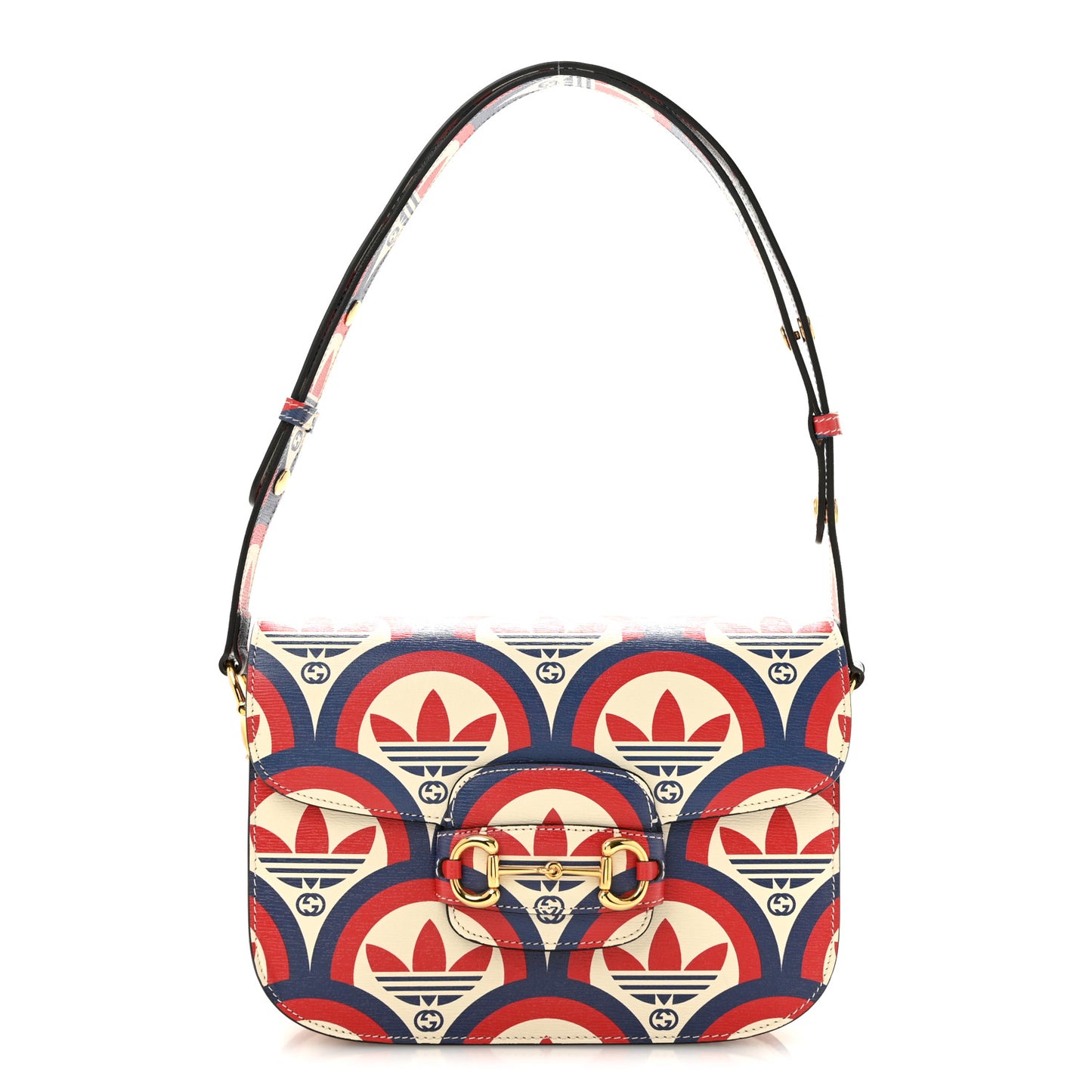 X ADIDAS Shangai Calfskin Web Trefoil Interlocking G Small Horsebit 1955 Shoulder Bag Red White Blue