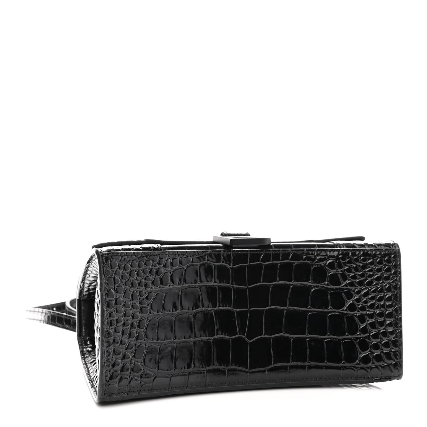 Shiny Calfskin Monochrome Crocodile Embossed Small Hourglass Top Handle Bag Black