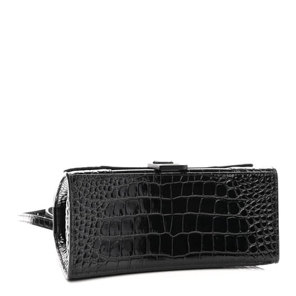Balenciaga Shiny Calfskin Monochrome Crocodile Embossed Small Hourglass Top Handle Bag Black 4 of 10