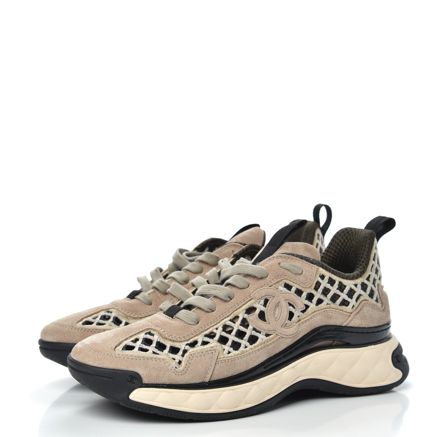 Suede Calfskin Embroidered CC Sneakers 38 Beige Black