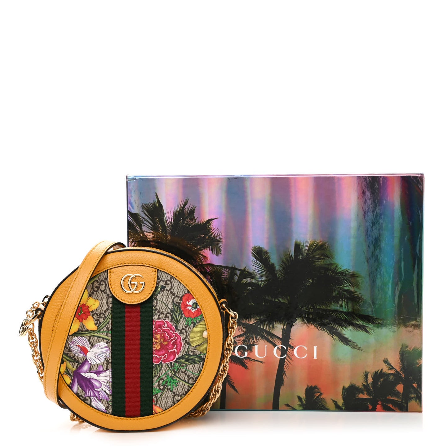 GG Supreme Monogram Flora Web Mini Ophidia Round Shoulder Bag Beige Multicolor Crop