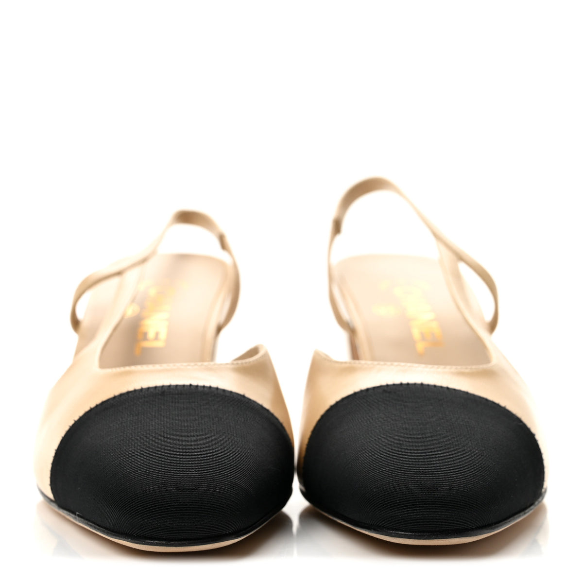 Goatskin Grosgrain Cap Toe CC Slingback Pumps 38 Beige Black