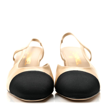 Chanel Goatskin Grosgrain Cap Toe CC Slingback Pumps 38 Beige Black 3 of 10
