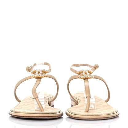 Chanel Lambskin Quilted Pearl CC Thong Sandals 38 Beige 2 of 8
