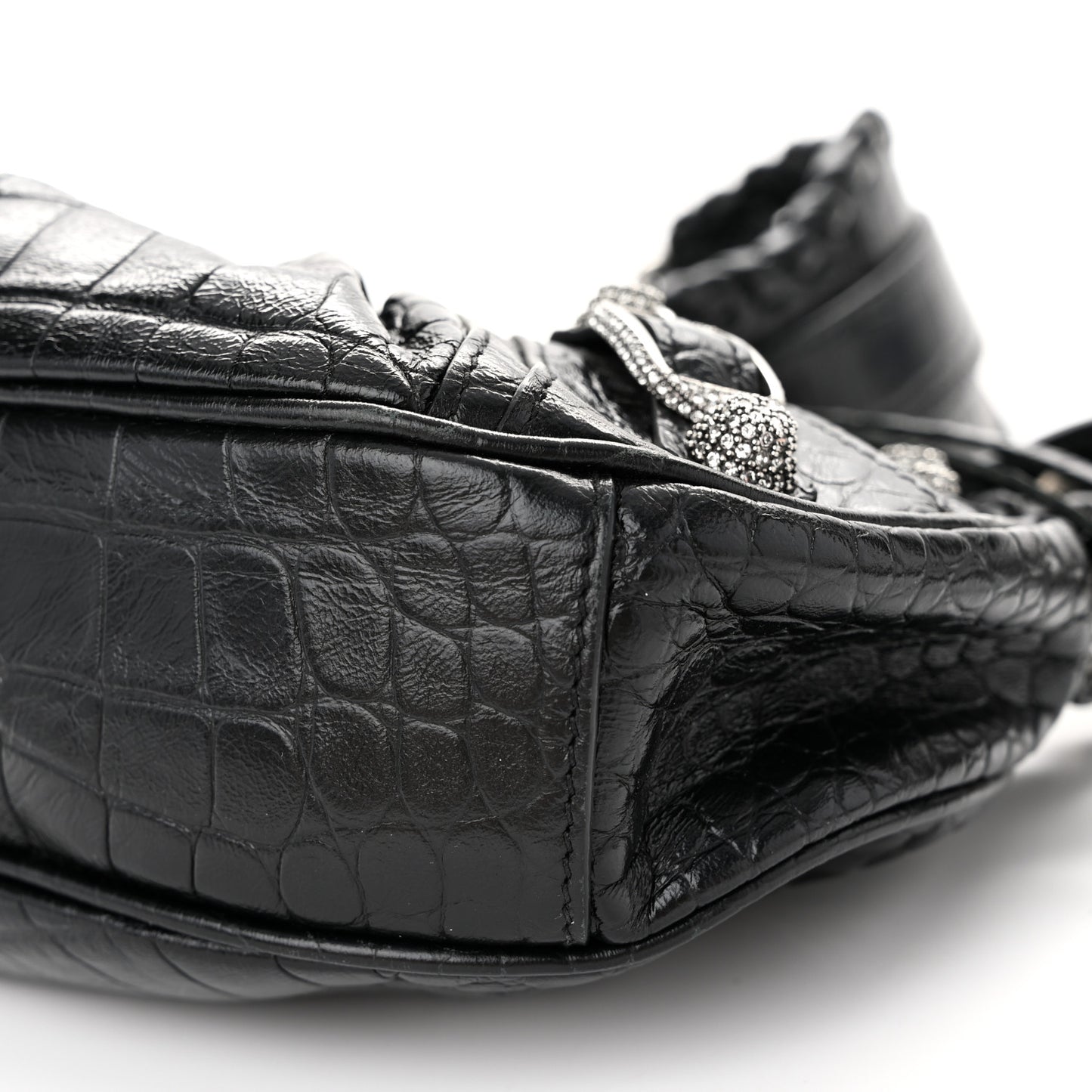 Extra Supple Calfskin Crystal Crocodile Embossed Le Cagole Shoulder Bag XS Black